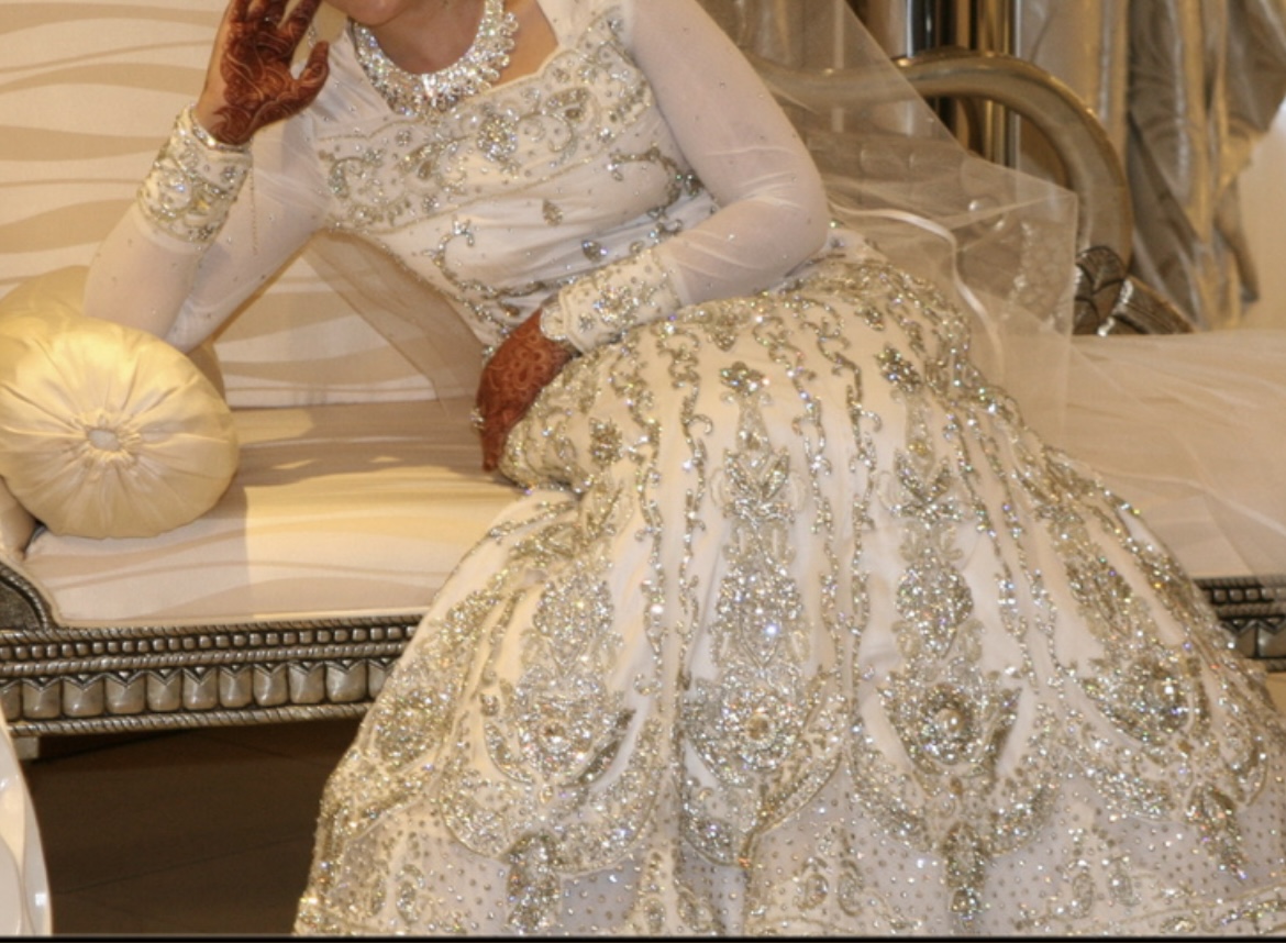 Elegant long sleeve white diamanté wedding gown