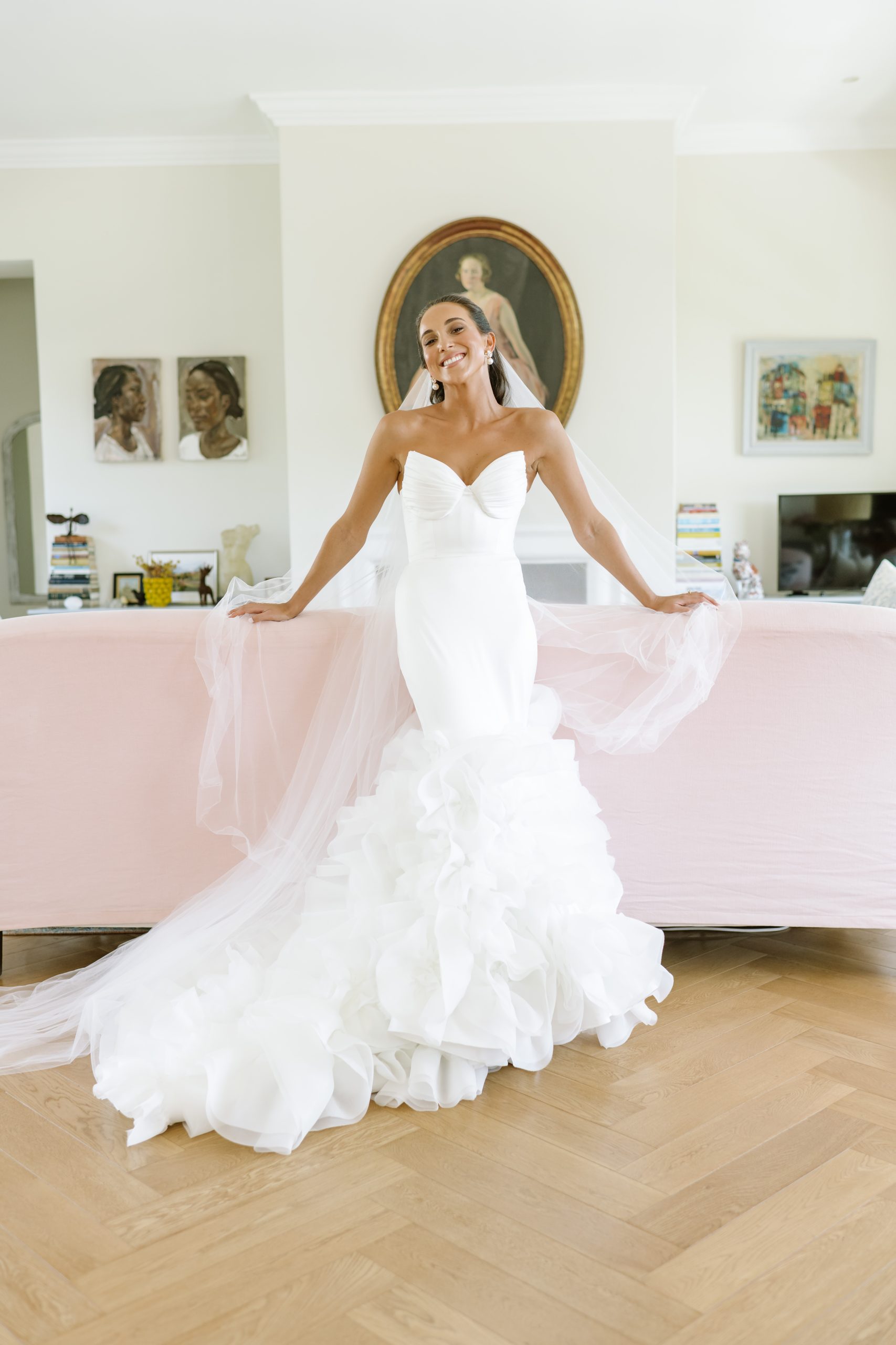 Strapless Mermaid Wedding Gown with Dramatic Ruffle Train
